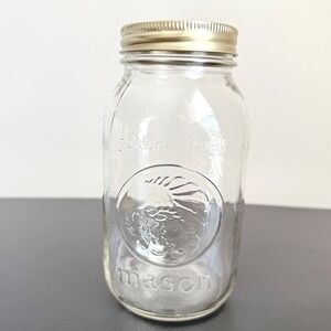 Vintage Golden Harvest Mason Jar Pint 16‎ Oz Regular Mouth w Lid & Band Clear